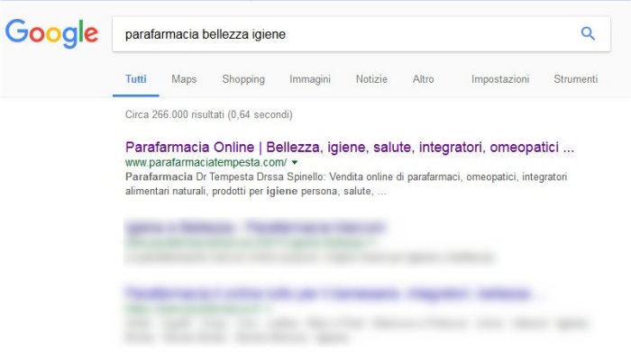 Slide 3 Posizionamento SERP Ricerca Organica - Parafarmacia Tempesta