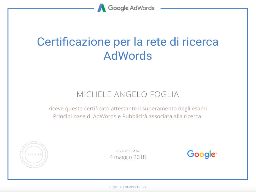Certificazione Google - AdWords Qualified Individual - Michele Foglia