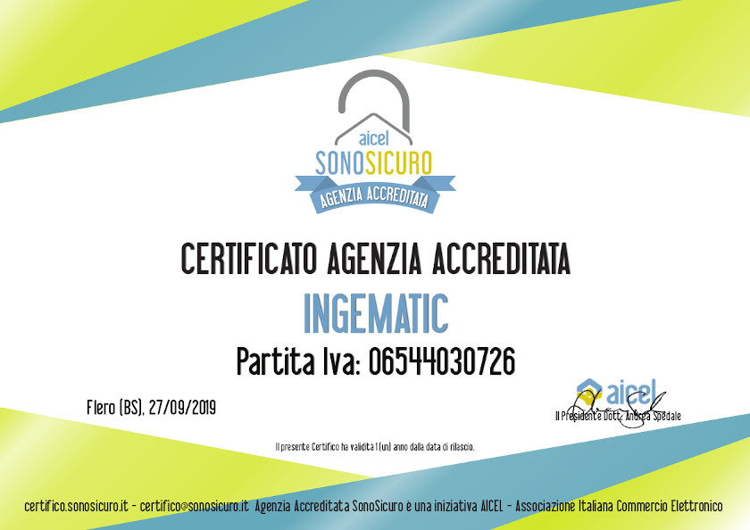 Certificazione AICEL – Sono Sicuro – Certificazione Accredito Agenzia – Ingematic – 2019 Certificazione AICEL - Sono Sicuro - Certificazione Accredito Agenzia - Ingematic - 2019