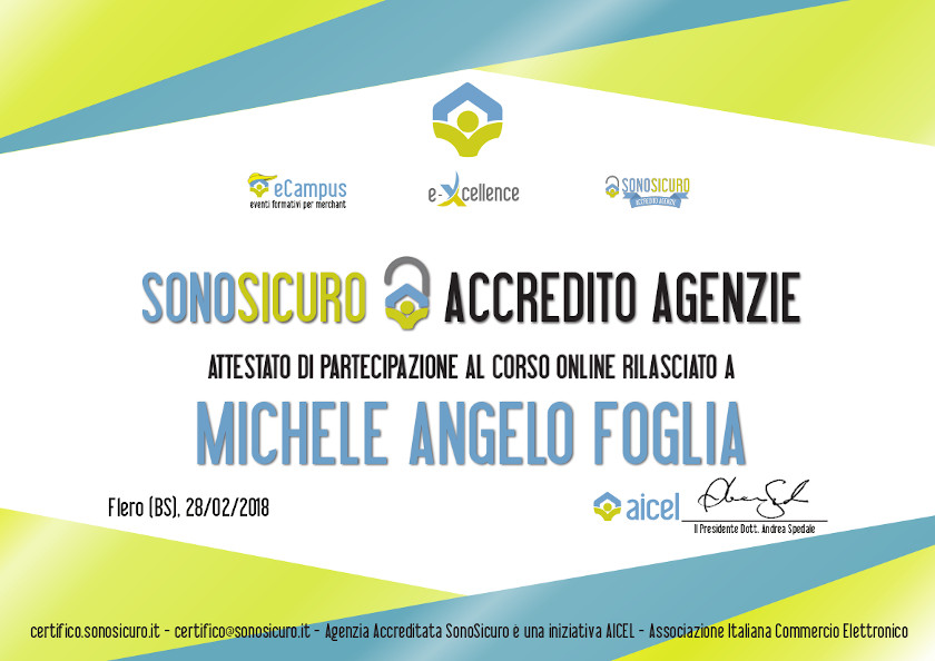 Certificazione AICEL – Sono Sicuro – Certificazione Individuale – Michele Angelo Foglia – 2018 Certificazione AICEL - Sono Sicuro - Certificazione Individuale - Michele Angelo Foglia - 2018