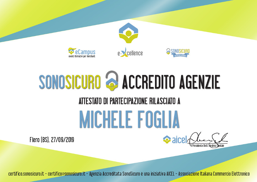 Certificazione AICEL – Sono Sicuro – Certificazione Individuale – Michele Angelo Foglia – 2019 Certificazione AICEL - Sono Sicuro - Certificazione Individuale - Michele Angelo Foglia - 2019