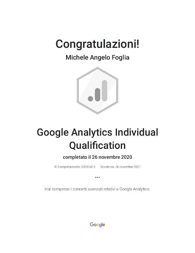 Certificazione Google Analytics – Individual Qualification – Michele Angelo Foglia Certificazione Google Analytics - Individual Qualification - Michele Angelo Foglia
